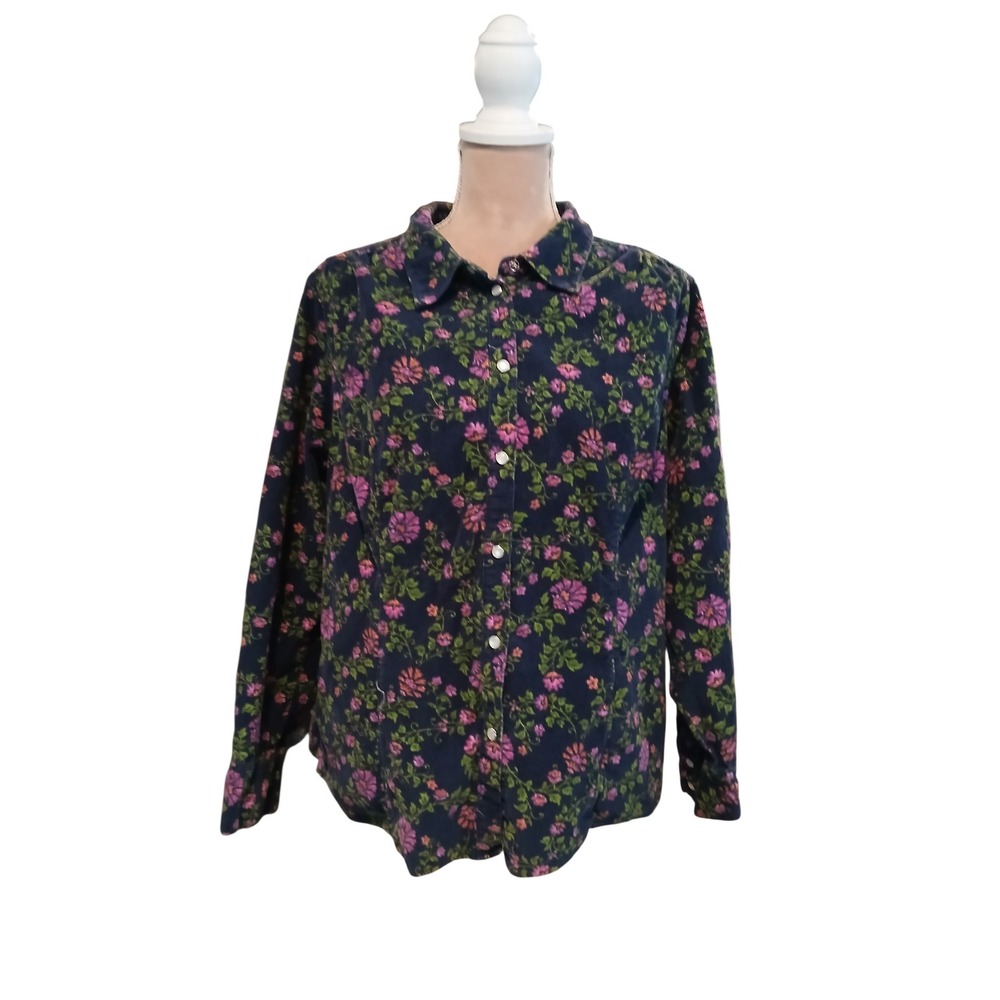Vtg Basic Editions Womens 1X Floral Corduroy Button Down Shirt Blue Cottagecore